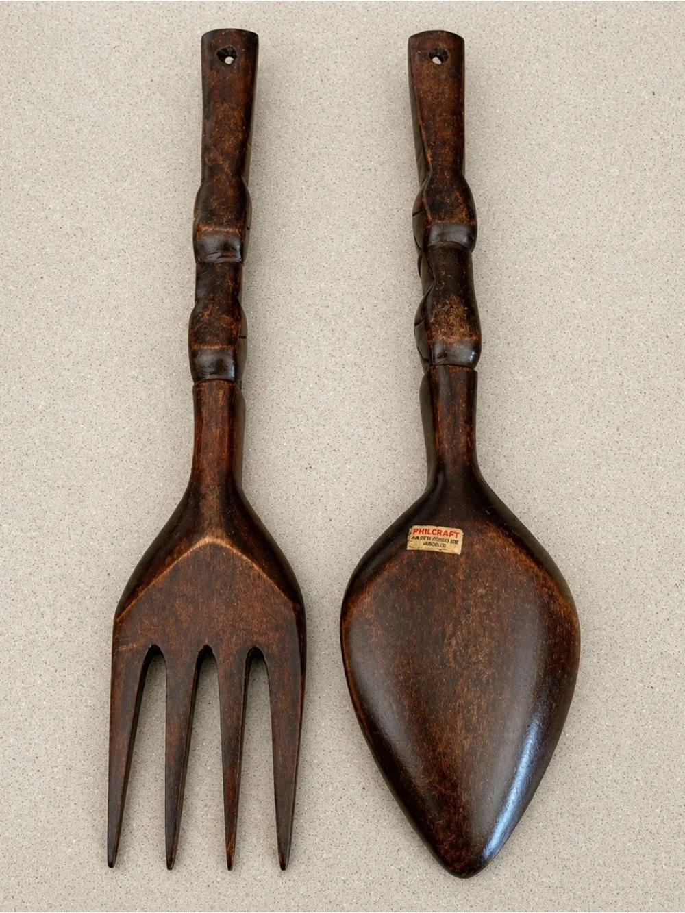 Hand Carved Wooden Fork Spoon Wall Decor Tiki Totem Pole Monkey Pod Wood 19" Vtg - Picture 5 of 7